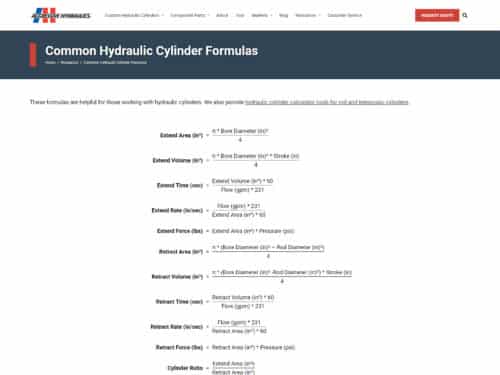 Common Hydraulic Cylinder Formulas